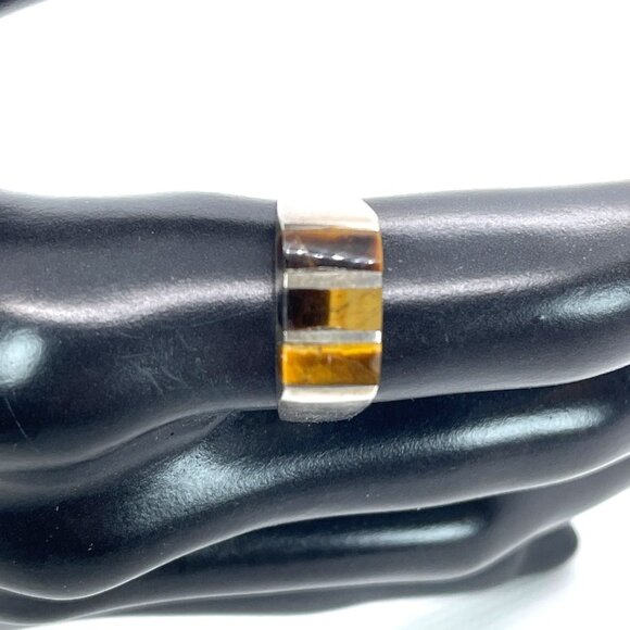Mexico 925 Sterling Silver Tigers Eye Inlay Ring Size Handmade Signed FCV Size 7 - Picture 7 of 9